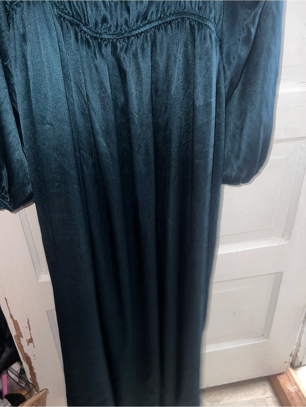 Lush Deep Teal Satin Maxi Dress with Puff Sleeves